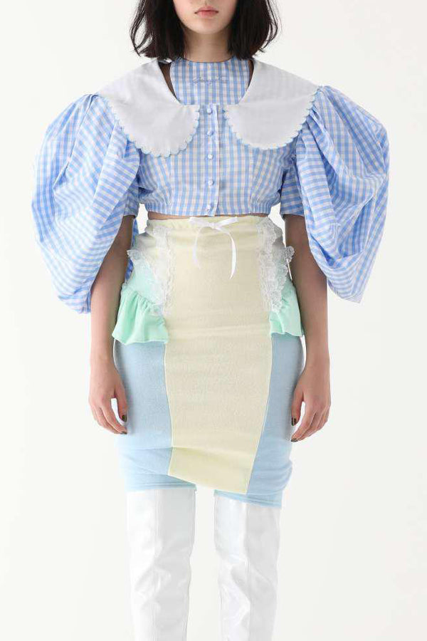 Jennyfax Butterfly Sleeve Checker Top JFSS22B05 Light Blue